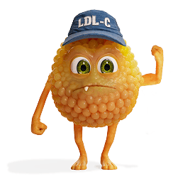 Lipid Lurker in blue LDL-C cap flexing arm to show statin intolerance muscle pain